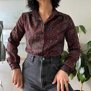 Vintage 80s long sleeve button down black red floral blouse size 6 petite